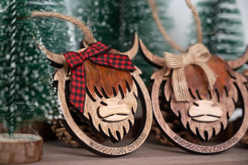 Faire-Honey Glow Designs christmas ornaments Highland Cow Ornament - Mooooey Christmas Cow Ornament - Wooden Farmhouse Ornament